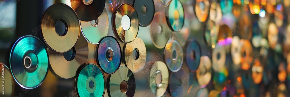 Poster a close-up view of a wall mural made entirely of old cds, creating a vibrant and textured surface. t