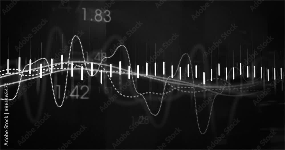 Poster waveform and numerical data animation over black background