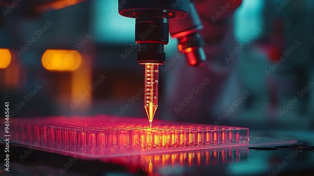 Poster an automated liquid dispensing system distributes microplate samples with precision in the lab.