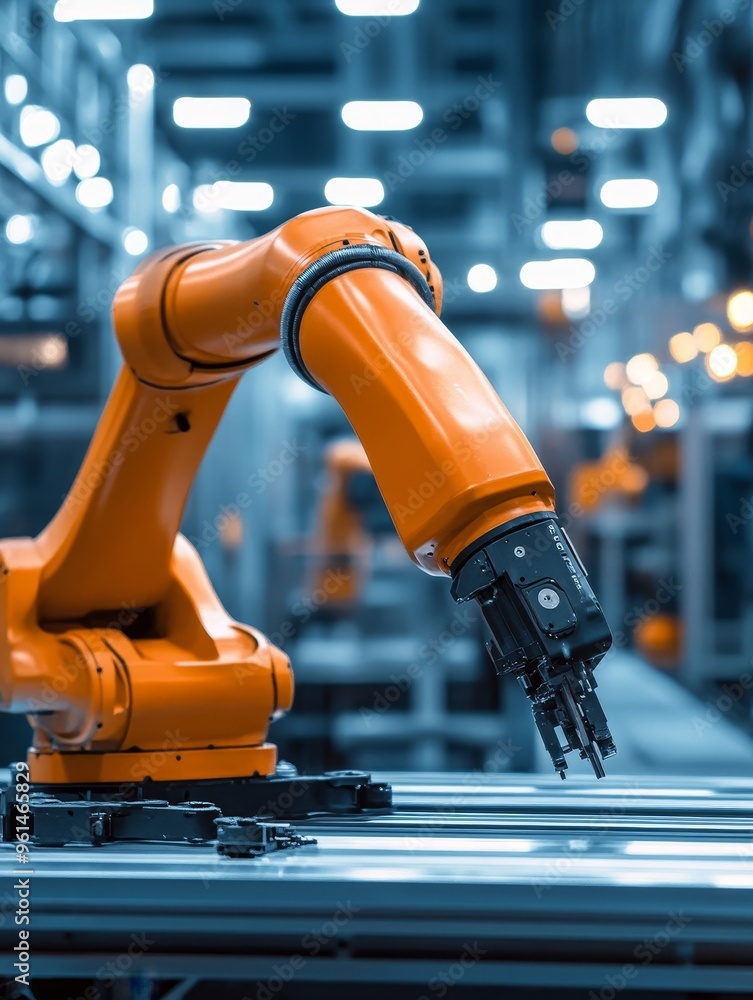 Poster a close-up view of an orange robotic arm in a factory setting. the arm is extended and its gripper i