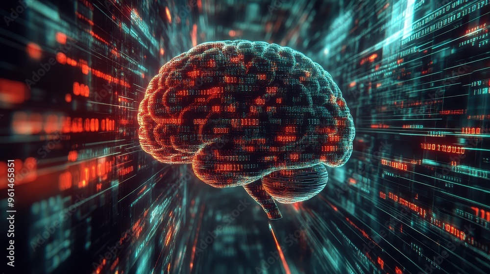 Poster illuminated mind - abstract cyber landscape with glowing brain and binary code streams