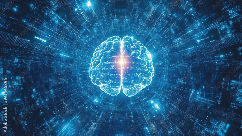 Poster illuminated futuristic brain: radiant binary code and cybernetic intelligence patterns
