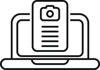 This minimalist line icon represents a laptop displaying a photography website, featuring a prominent camera icon and text lines, symbolizing online photography resources and services