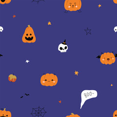 Cute funny Halloween pattern with pumpkins. Seamless autumn background, October holiday print for wrapping paper, textile, Trick or Treat design. Childish kids colored flat vector illustration