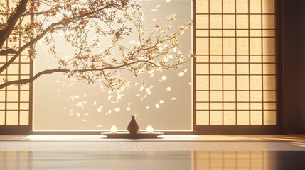 Japanese Zen Garden Interior with Cherry Blossoms and Shoji Screens