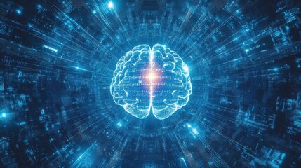 Illuminated Futuristic Brain: Radiant Binary Code and Cybernetic Intelligence Patterns