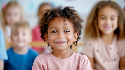 Group of diverse children smiling in a classroom setting, having a fun and happy time together during a school day, showing joy and friendship.