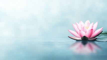 Pink Water Lily on Calm Blue Water with Copy Space