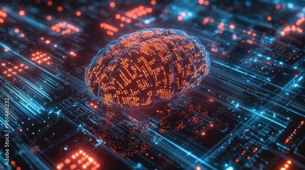 Poster illuminated mind: binary code artistic brain in futuristic setting