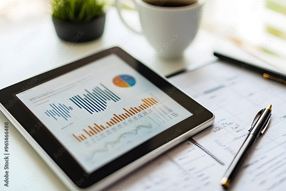 Poster tablet displaying charts and graphs on a desk