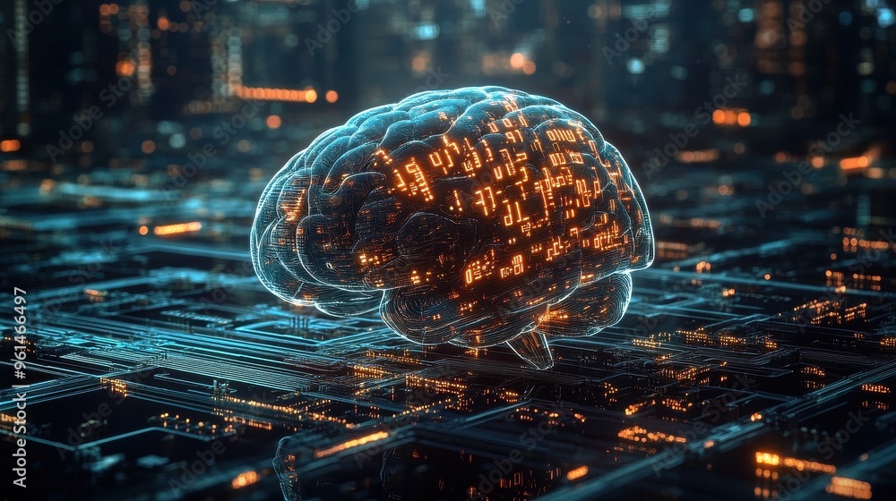Poster glowing futuristic brain with binary code - concept of cyber intelligence and digital art