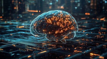 Glowing Futuristic Brain with Binary Code - Concept of Cyber Intelligence and Digital Art