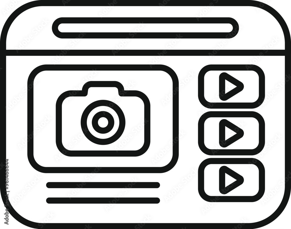 Poster outline icon of a web page with photo camera icon and play buttons, representing a website offering 