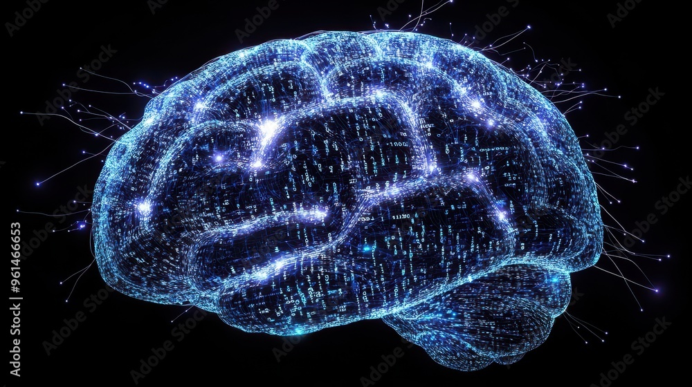 Poster illuminated binary brain - conceptual artwork of technology, intelligence, and connectivity
