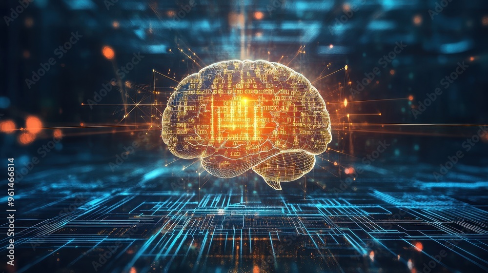 Poster digital mind symphony: futuristic brain with glowing binary code and cybernetic patterns
