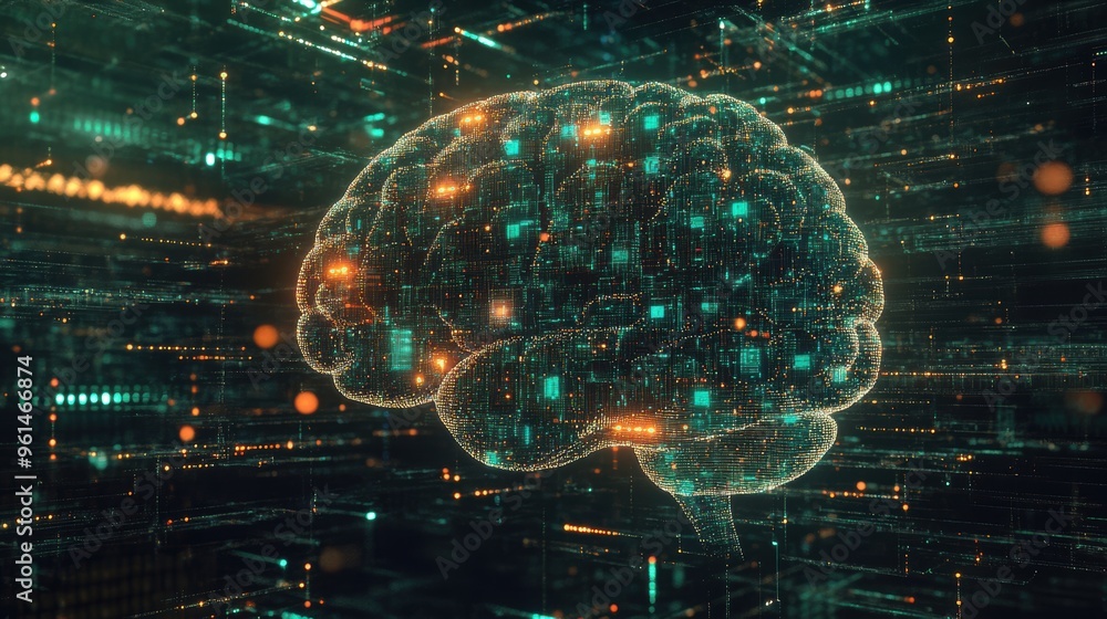 Poster digital mindscapes: illuminated binary brain in futuristic computing realm