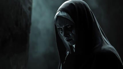 A nun in a black robe possessed by a demon. Eerie atmosphere