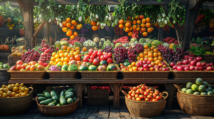 Obraz premium Farm stand brimming with an array of colorful fruits and vegetables