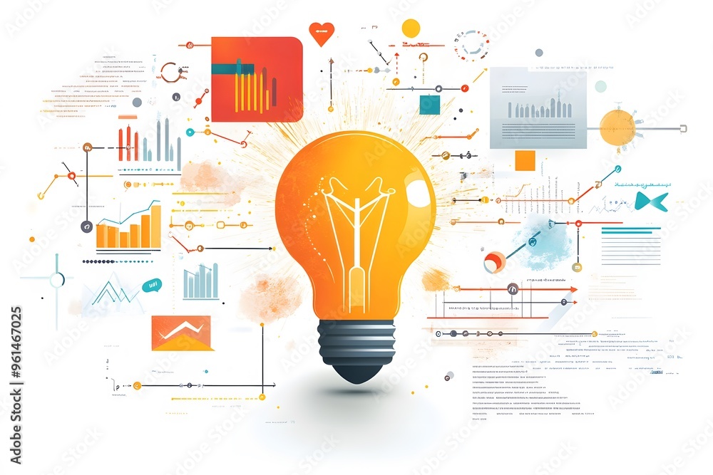 Poster lightbulb surrounded by data and statistics