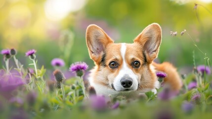  A tight shot of a dog reclining in a flower field, purple blooms preceding, backdrop softly blurred