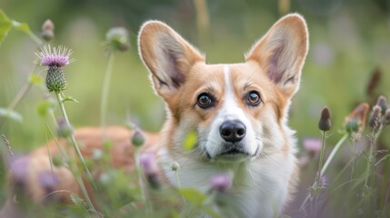  A sad-looking dog closely gazes at the camera amidst a blooming flower field