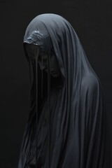 A nun in a black robe possessed by a demon. Eerie atmosphere