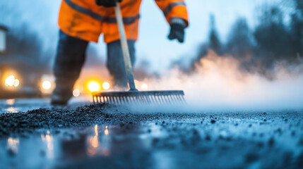 Close-up of a road construction worker spreading hot asphalt with a rake, steam rising from the surface.