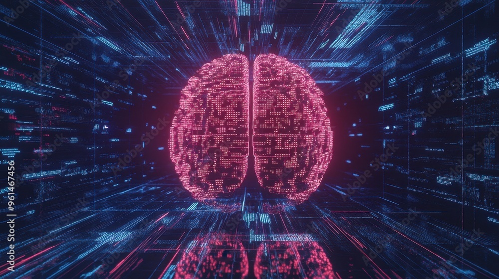 Poster digital matrix: glowing futuristic brain with binary code and cybernetic connections