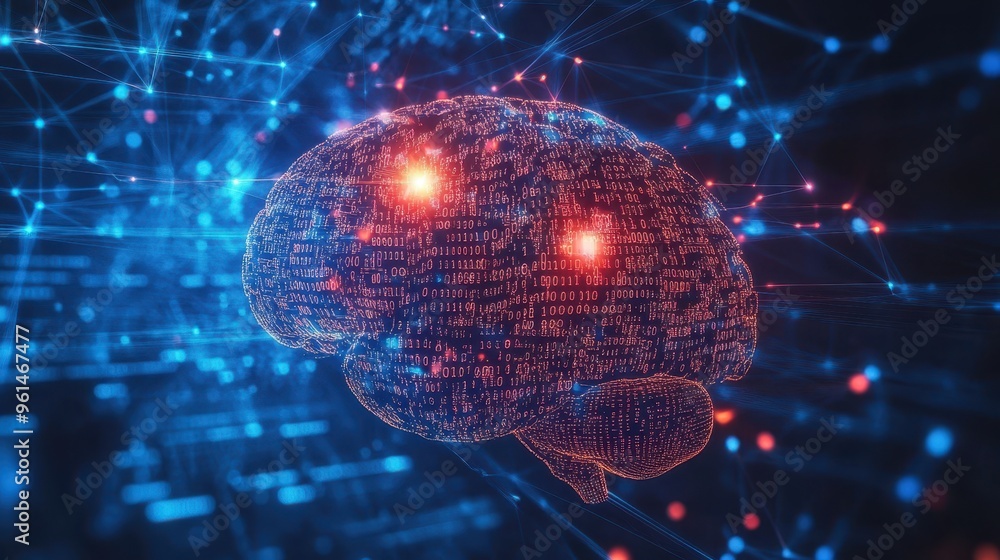 Poster digital connections: futuristic brain with radiant binary code and cybernetic patterns