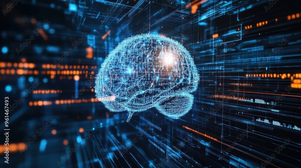 Poster digital mindscapes: futuristic brain infused with radiant binary code and cybernetic connections