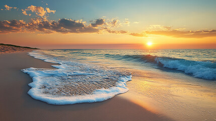 A tranquil beach scene at sunrise, with gentle waves lapping at the shore and golden light shining over the sand and ocean, showcasing the serene beauty of the natural landscape.