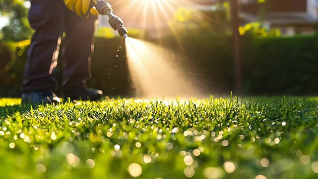 Worker spraying pesticide on a green lawn outdoors for pest control: A close-up view. Concept Pesticide Application, Pest Control, Green Lawn, Close-up Shot, Outdoors