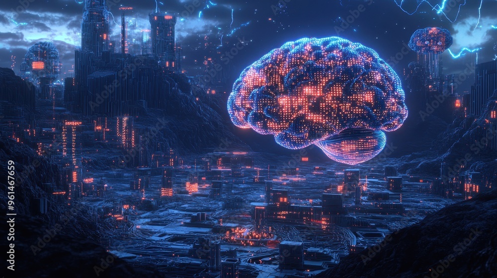 Poster glowing techno brain: futuristic binary code and circuitry artwork