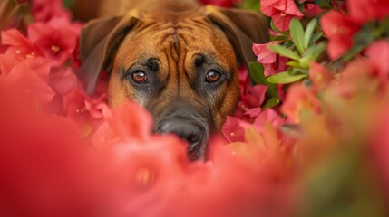 Obraz premium A tight shot of a dog gazing at the camera with wide-open eyes in a flowery bed