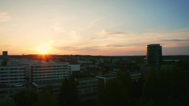 4K Drone Footage Revealing the city of Pite&aring;, Sweden and the building Stadstornet during the Midnight Sun