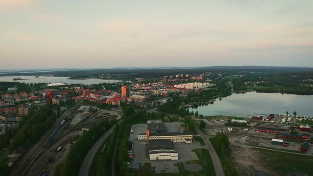 Aerial Drone Footage of the city Pite&aring;, Sweden in the Midnight Sun