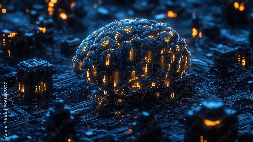 Poster digital mind: glowing binary code and circuitry forming futuristic artistic brain landscape