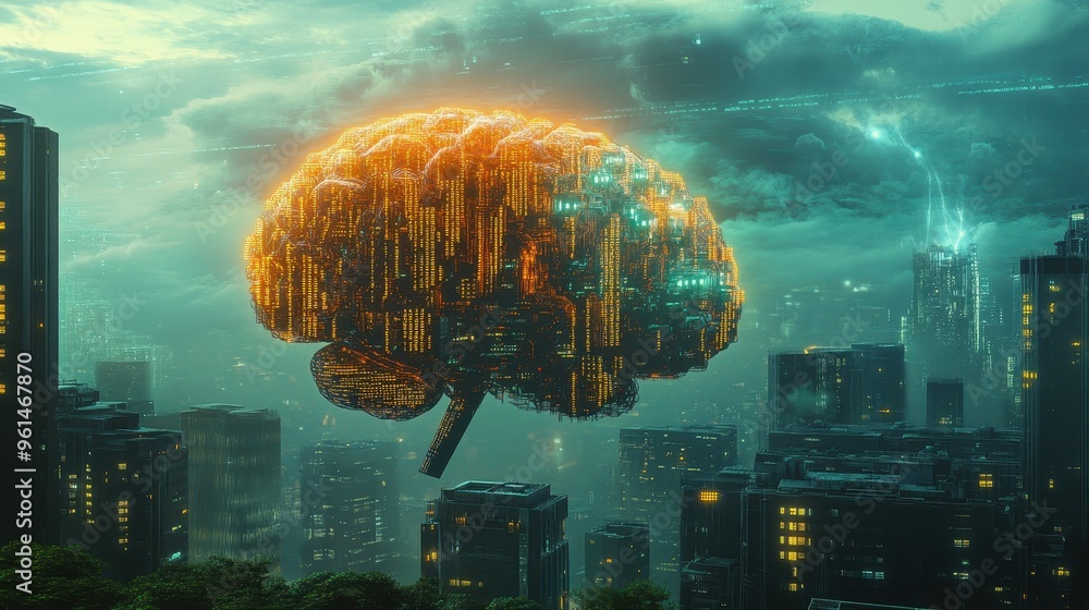 Poster illuminated binary brain: futuristic landscape of computing circuits and technology artistry