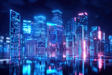 A futuristic city skyline illuminated by glowing holographic advertisements, showcasing advanced technology and vibrant neon lights