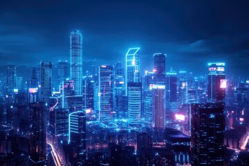 Fototapeta premium A futuristic city skyline illuminated by glowing holographic advertisements, showcasing advanced technology and vibrant neon lights