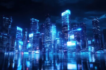 Obraz premium A futuristic city skyline illuminated by glowing holographic advertisements, showcasing advanced technology and vibrant neon lights