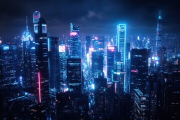 Fototapeta premium A futuristic city skyline illuminated by glowing holographic advertisements, showcasing advanced technology and vibrant neon lights
