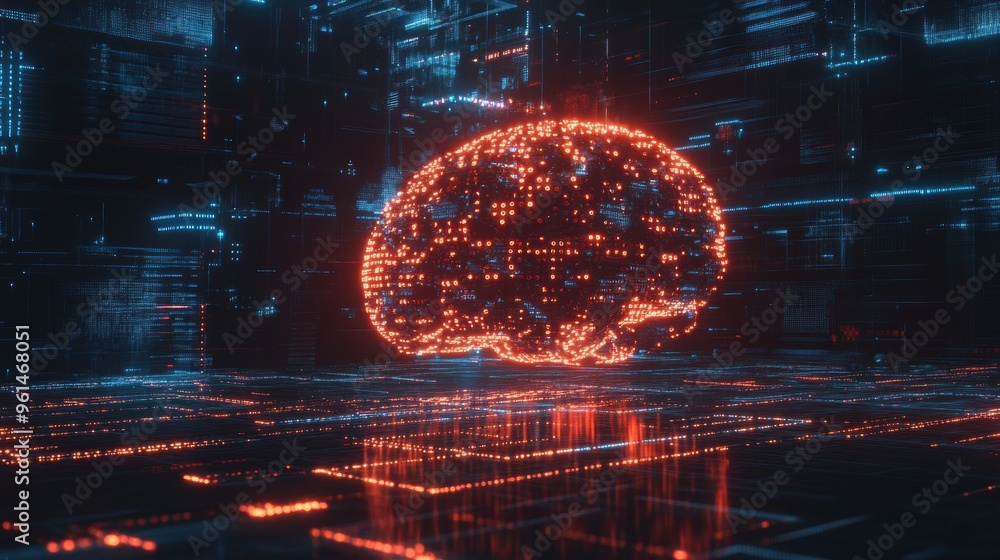 Poster illuminated cyber brain - futuristic digital landscape of binary code and cyber patterns