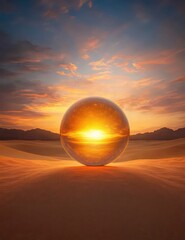 Glowing orb in a mystical desert at twilight, symbolizing ancient magic, desert glowtime, mysterious and evocative.