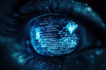 Digital Eye: A close-up of a human eye with binary code reflected in the iris, a captivating representation of the intersection between technology and humanity.