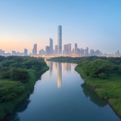 A serene urban landscape at dawn, featuring a shimmering river reflecting towering skyscrapers amidst lush greenery.
