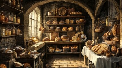 Fototapeta premium A cozy, rustic bakery interior filled with freshly baked breads and pastries. A stone fireplace, wooden shelves, and a large window bring warmth and character to the space. The aroma of freshly baked