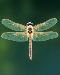 A stunning close-up of a dragonfly showcasing its intricate wings and vibrant colors, set against a soft green background.