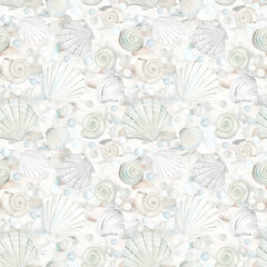 Seamless pattern of beige sea shells, bubbles and pebbles watercolor illustration on pebble background. Hand drawn ocean clams clipart for nautical and seaside designs 