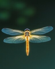 A glowing dragonfly hovering over a still pond, nature's glowtime, delicate and beautiful.